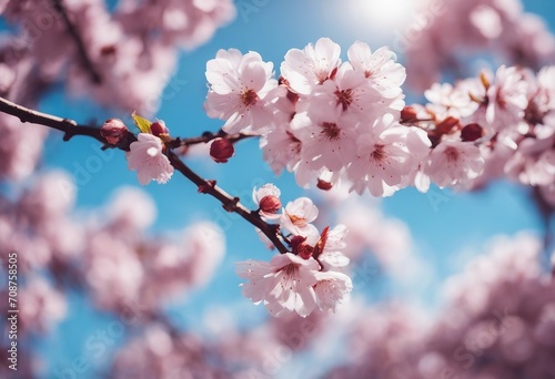 Branches blossoming cherry on background blue sky and white clouds in spring on nature outdoors Pink