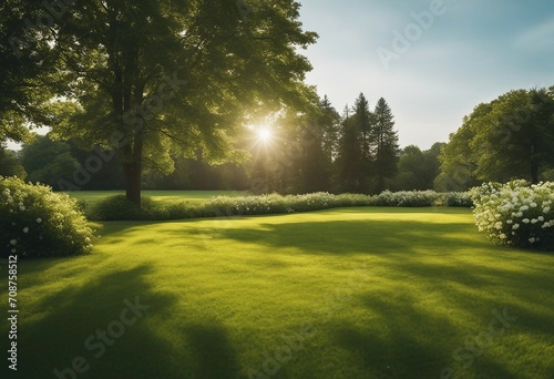 Beautiful wide format image of a manicured country lawn surrounded by trees and shrubs on a bright s
