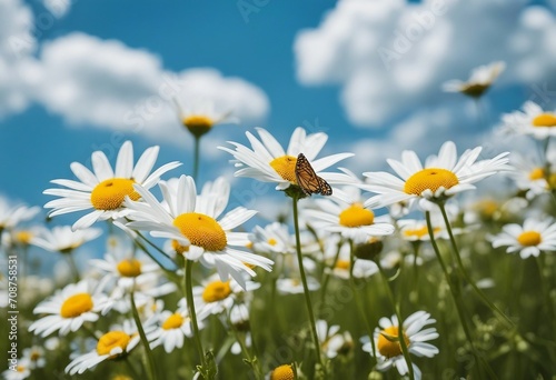 Chamomiles daisies macro in summer spring field on background blue sky with sunshine and a flying bu © ArtisticLens