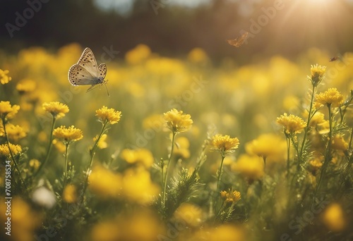 Cheerful buoyant spring summer shot of yellow Santolina flowers and butterflies in meadow in nature © ArtisticLens
