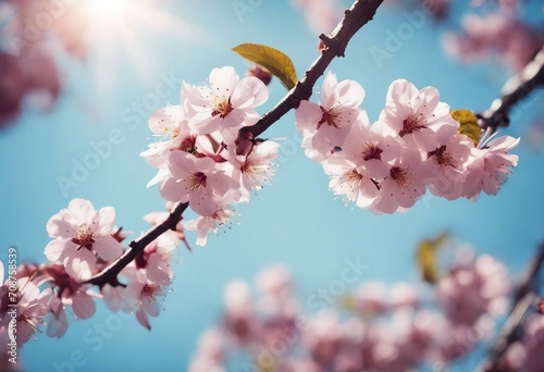 Branches of blossoming cherry against background of blue sky and fluttering butterflies in spring on