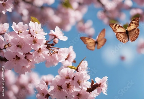 Branches of blossoming cherry against background of blue sky and fluttering butterflies in spring on