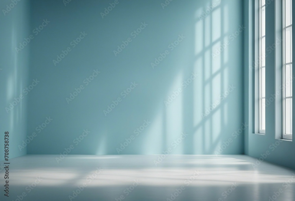 Minimal abstract light blue background for product presentation Shadow and light from windows on pla - obrazy, fototapety, plakaty 