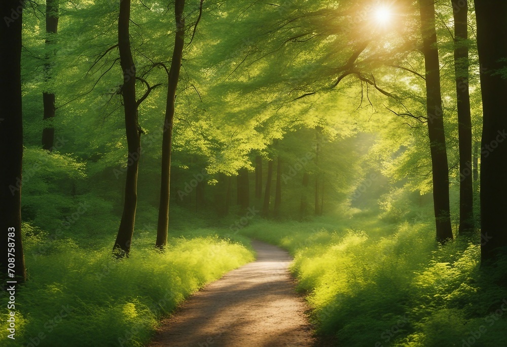 Path footpath in the deciduous forest in spring in the summer in the morning sun Young lush green tr