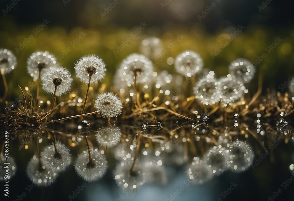 Obraz premium Seeds dandelion mirror reflection Dark background dandelions in the drops dew with a beautiful golde