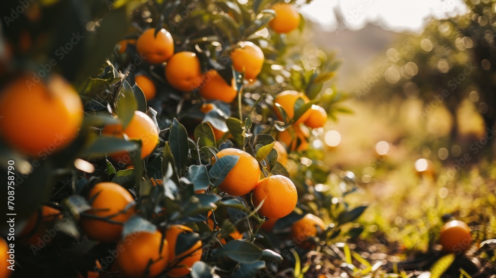  a bunch of oranges growing on a tree in a field of oranges on a sunny day with the sun shining through the leaves and the trees in the background.