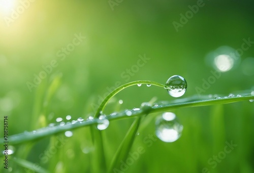 Large drop of water sparkles in sunshine on a leaf of grass close-up macro Grass in morning dew in t