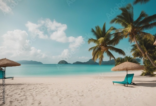 Panorama beautiful beach with white sand turquoise ocean and blue sky with clouds on Sunny day Summe