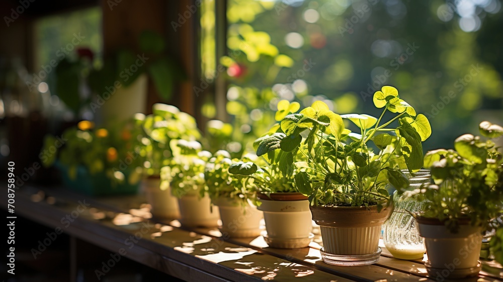Indoor plants on a wooden shelf by the window