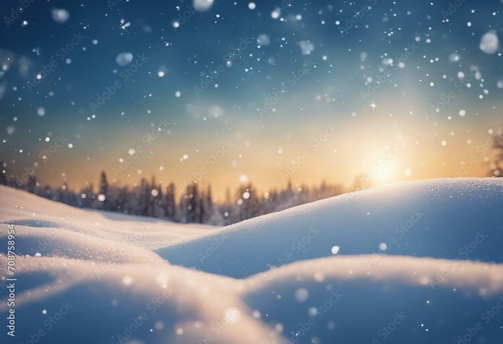Winter snow background with snowdrifts with beautiful light and snow flakes on the blue sky in the e
