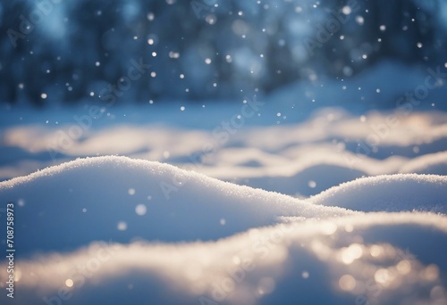 Winter snow background with snowdrifts with beautiful light and snow flakes on the blue sky in the e