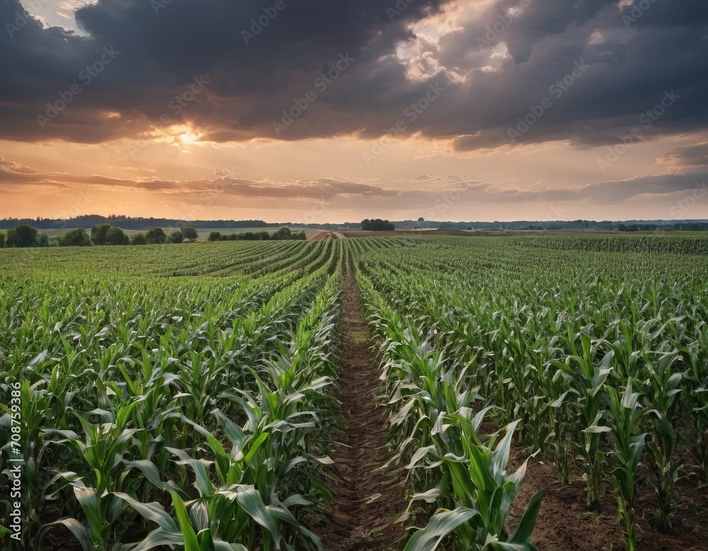 Fototapeta premium Panoramic view of Corn field plantation with cloud sky background