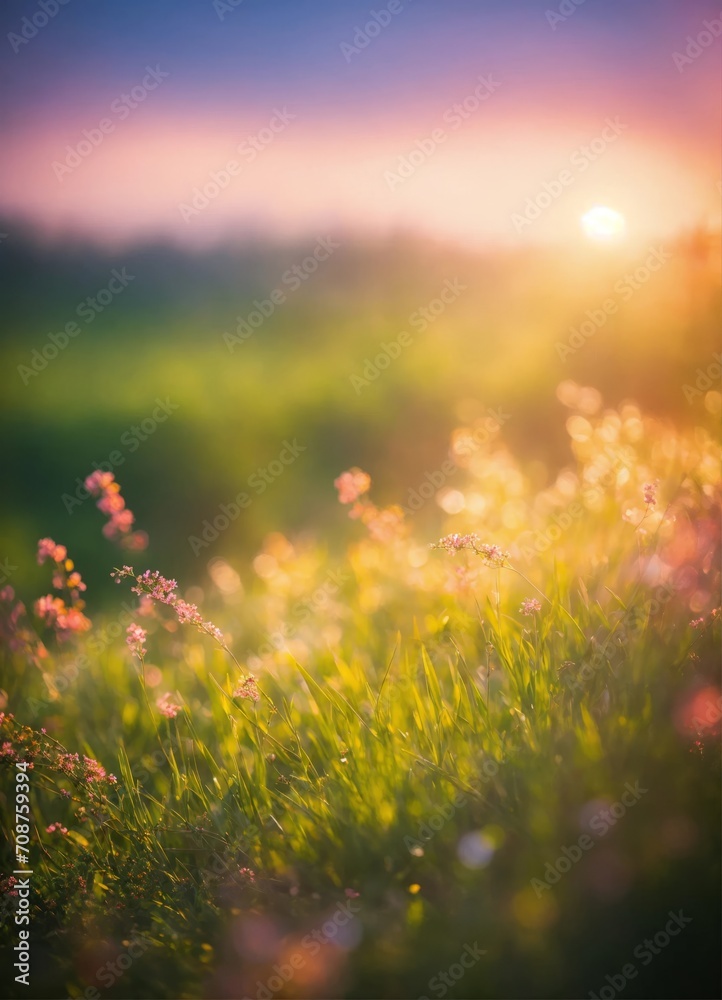 flowers in a field on a beautiful sunset blurred background