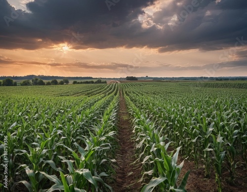 Panoramic view of Corn field plantation with cloud sky background