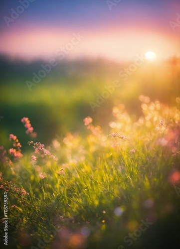 flowers in a field on a beautiful sunset blurred background © viktorbond