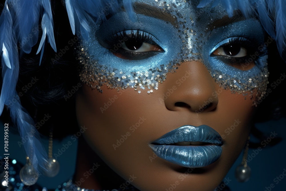 Young African American woman with bright makeup in blue masquerade mask. Close up. Concept for masquerade, holiday and corporate party. Ideal for fashion, event promotions, or luxury content