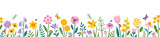 Vector seamless horizontal banner of blossom spring flowers. Wildflowers and insects isolated on white background. Vector flat style flower landscape border.