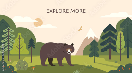 Forest landscape with bear, mixed forest and mountain. Vector illustration of sunny woodland in flat style. © fireflamenco