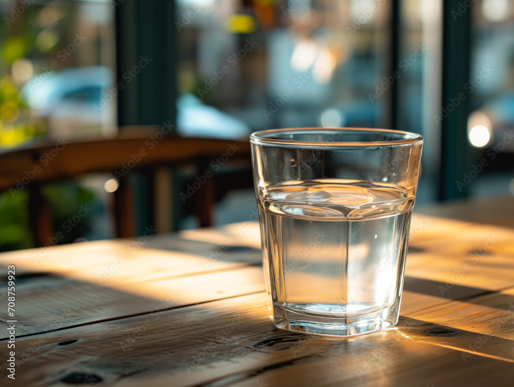 A clear glass with fresh water on wooden table A clear glass with fresh water on wooden table