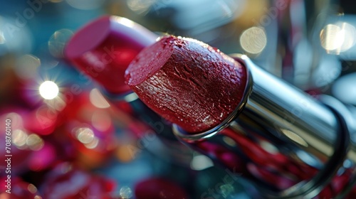  a close up of a red lipstick on a metal holder with a blurry background of red and gold lights in the background and a blurry light of the top of the lipstick.