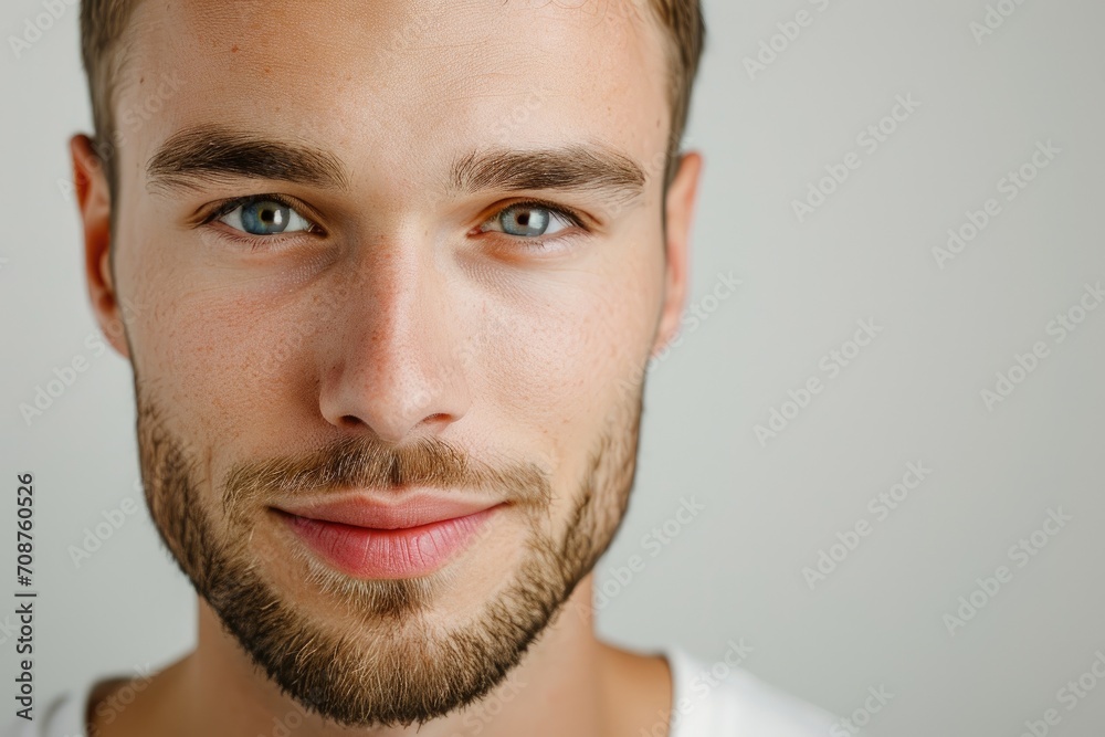 Close-up studio portrait of a man with a minimalist, Scandinavian-inspired look, isolated on a clean white background Close-up studio portrait of a man with a minimalist, Scandinavian-inspired look, isolated on a clean white background