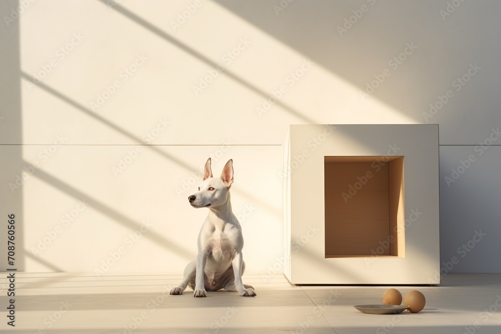 Immerse yourself in a photo-realistic depiction of a minimalist dog house, exuding a sleek and understated design