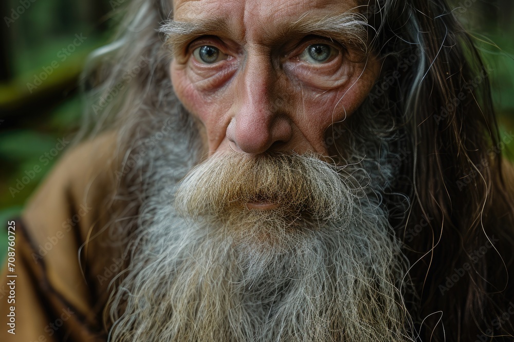 Close-up studio portrait of a man with a wise, sage-like look, featuring a long beard and deep eyes, isolated on a mystical forest background