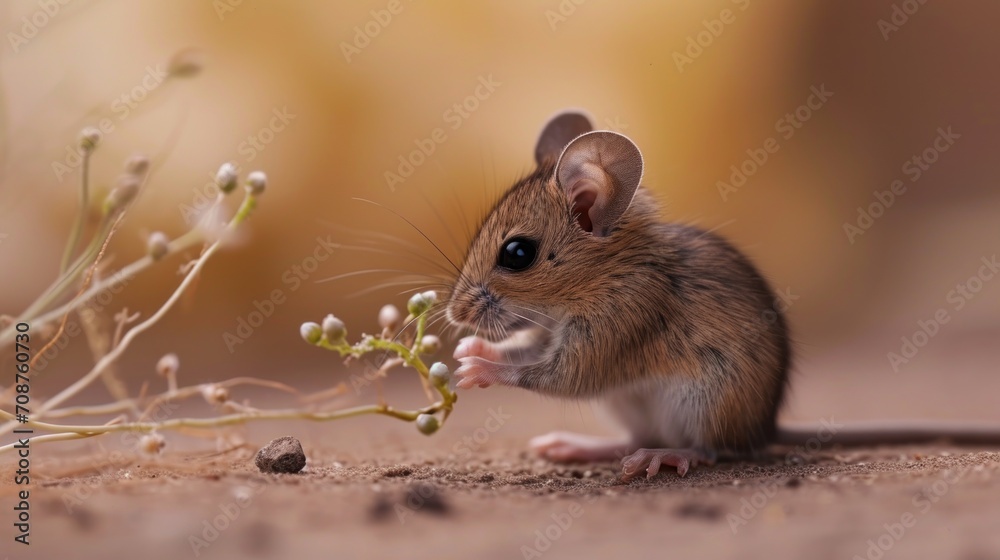 a small mouse sitting on top of a wooden floor next to a twig and a twig with small white flowers in the middle of the mouse's face. a small mouse sitting on top of a wooden floor next to a twig and a twig with small white flowers in the middle of the mouse's face.