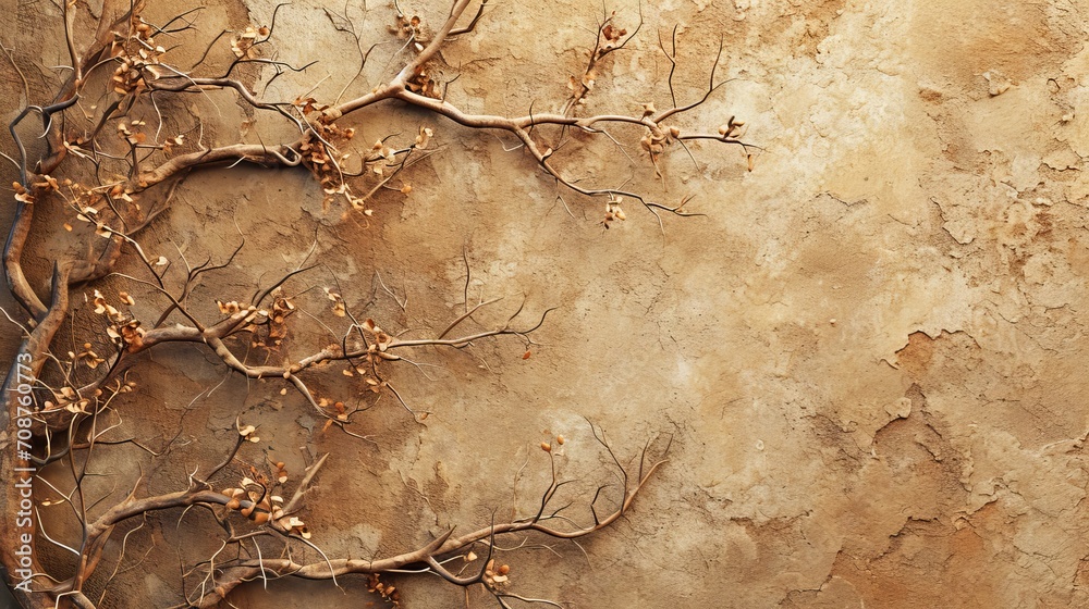 Naklejka premium Minimal mock up background for product presentation. Dry tree twigs on brown stucco background. 3d rendering illustration. Clipping path of each element included