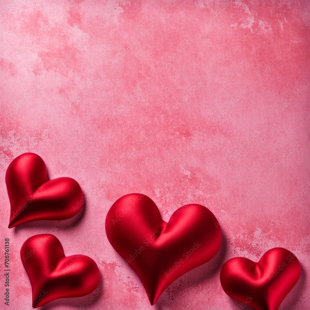 Red silk hearts on a pink concrete background