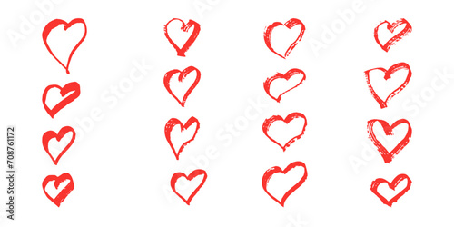 Brushes and elements for notes highlighting text. Set of hand drawn hearts. Vector illustration...