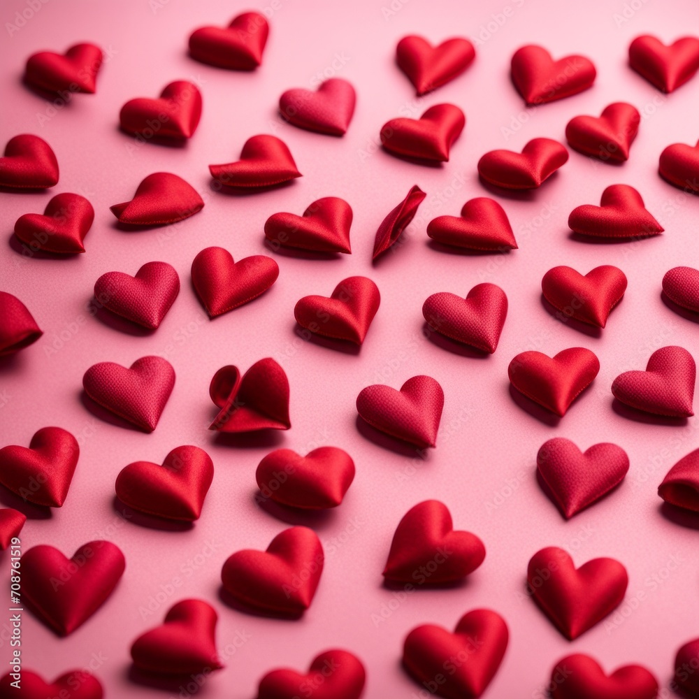 Red silk hearts on a pink concrete background Red silk hearts on a pink concrete background