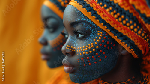 Horizontal poster with two fictional face profiles of beautiful African women wearing ethnic headdresses for Black History Month. The beauty of a different culture and aesthetic. Afro tradition  photo