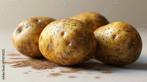  a group of three potatoes sitting on top of a table next to a pile of brown stuff on top of a white table with a brown spot on the top.