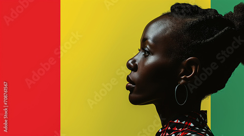 Black History Month poster with black profile of African woman on Panafrican flag colors. Icon for the respect of diversity and rights of minority groups. Symbol of the fight against racism
