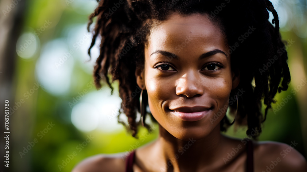 Portrait of a young African American woman with a radiant smile, outdoors with a blurred natural background