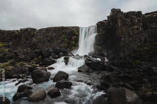 Oxararfoss Waterfall at Thingvellir, Iceland. attractions on the Golden Circle tourist route