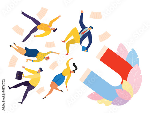 Attraction customers marketing strategy vector illustration. Distribution advertising on social networks in order to increase audience loyalty and meet user need. Horseshoe magnet pull group people.