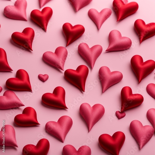 Red silk hearts on a pink concrete background