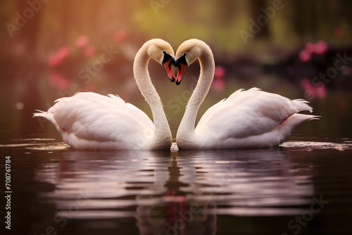 Two white swans. making heart shape in the water. Romantic background.Valentines day, lovve concept. High quality photo
