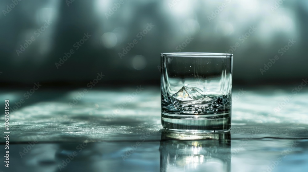  a glass filled with water sitting on top of a shiny counter top with a reflection of the water in the glass and the water droplets on top of the glass.