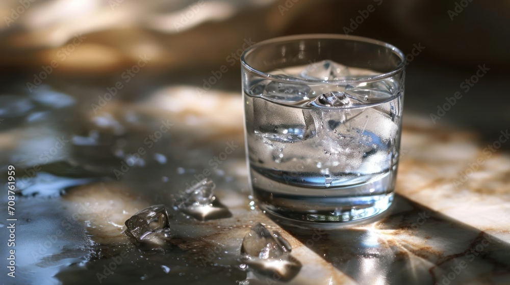  a glass of water on a table with ice cubes on the table and a bottle of water in the middle of the glass with ice cubes on the table.