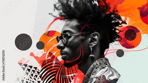 Horizontal modernist collage for Black History Month. Funky pop visual of stylish black man in dynamic dimensions. Concept art about empowerment, equality and rights of African American people