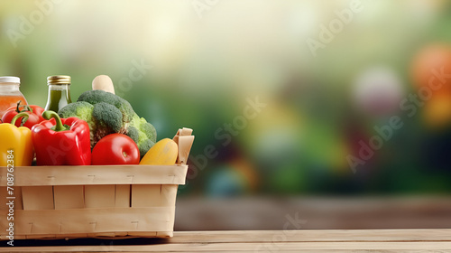 Fresh organic vegetables in wooden basket isolated. Banner with copyspace