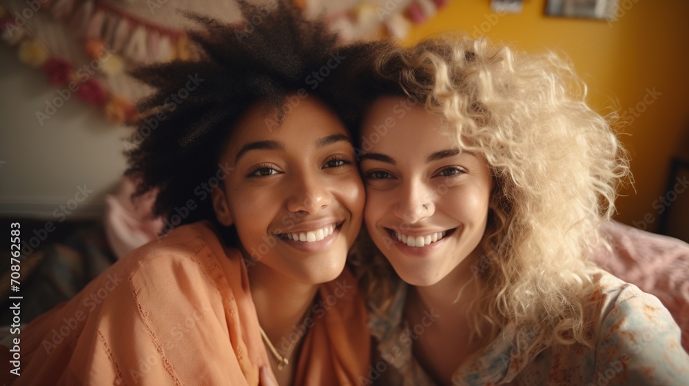 Fototapeta premium Two young multiethnic women smiling at the camera