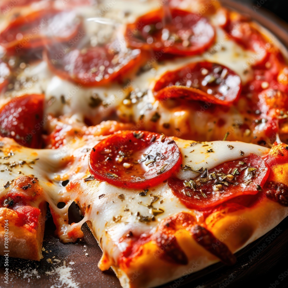 Juicy Italian pizza with pepperoni cheese and spices straight from the oven. Food Photography. Close up