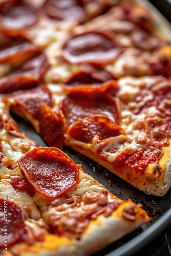 Juicy Italian pizza with pepperoni cheese and spices straight from the oven. Food Photography. Close up Juicy Italian pizza with pepperoni cheese and spices straight from the oven. Food Photography. Close up