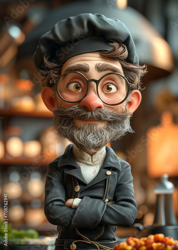 Cartoon of a friendly chef with glasses. high kitchen
