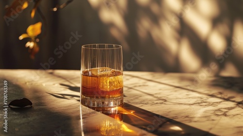  a glass of whiskey sitting on a table with a shadow of a plant on the side of the glass and a shadow of a mouse on the table behind it.