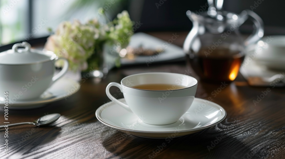 a cup of tea sitting on top of a wooden table next to a tea pot and a cup of tea on top of a saucer on a saucer. a cup of tea sitting on top of a wooden table next to a tea pot and a cup of tea on top of a saucer on a saucer.